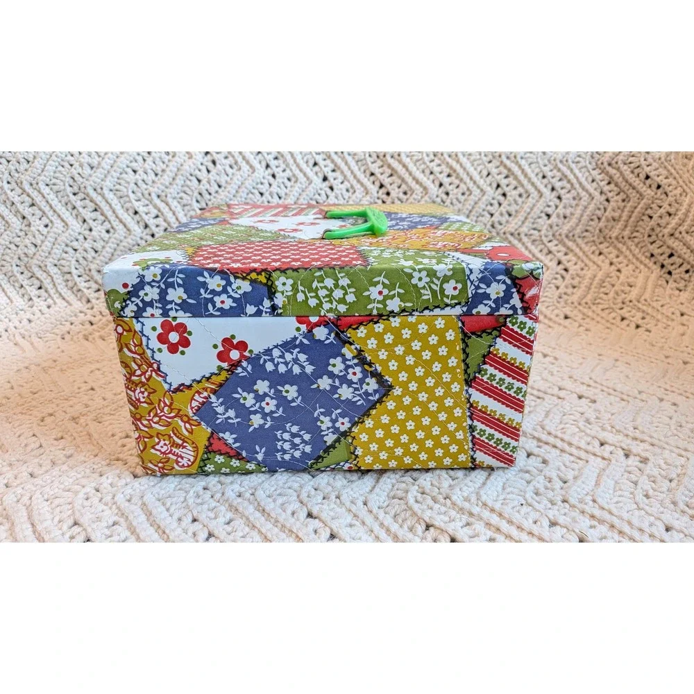 Vintage Quilted Patchwork Sewing Basket Floral Print Storage Box Green Handle